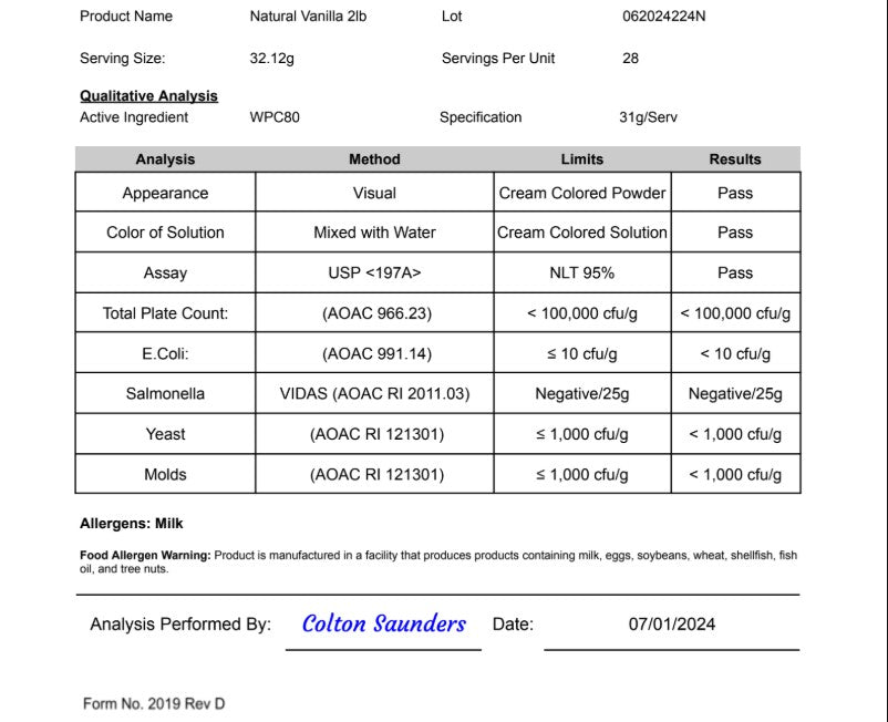 2lb Whey Armor Natural Protein Vanilla w/Stevia & Natural Flavor Non - GMO