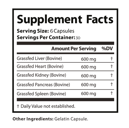 Grass Fed Beef Organ Complex – Ancestral Superfood – Desiccated Liver, Heart, Kidney, Pancreas, Spleen